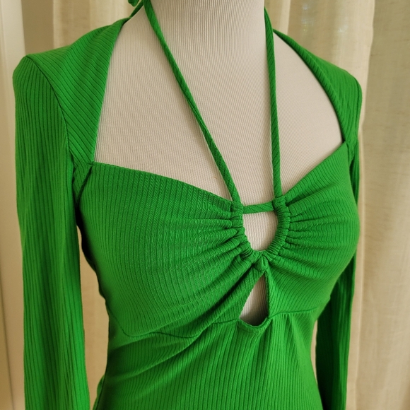 Jonathan Simkhai Merritt Cut Out Tie Neck Ribbed Top Parrot Green Size M NWT - Picture 2 of 9